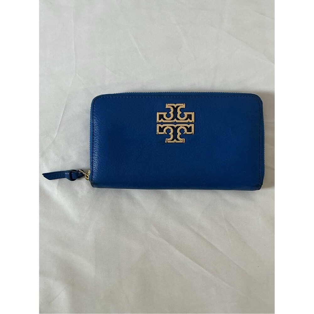 Tory Burch Cobalt Blue Zip-Around Wallet with Gold Logo